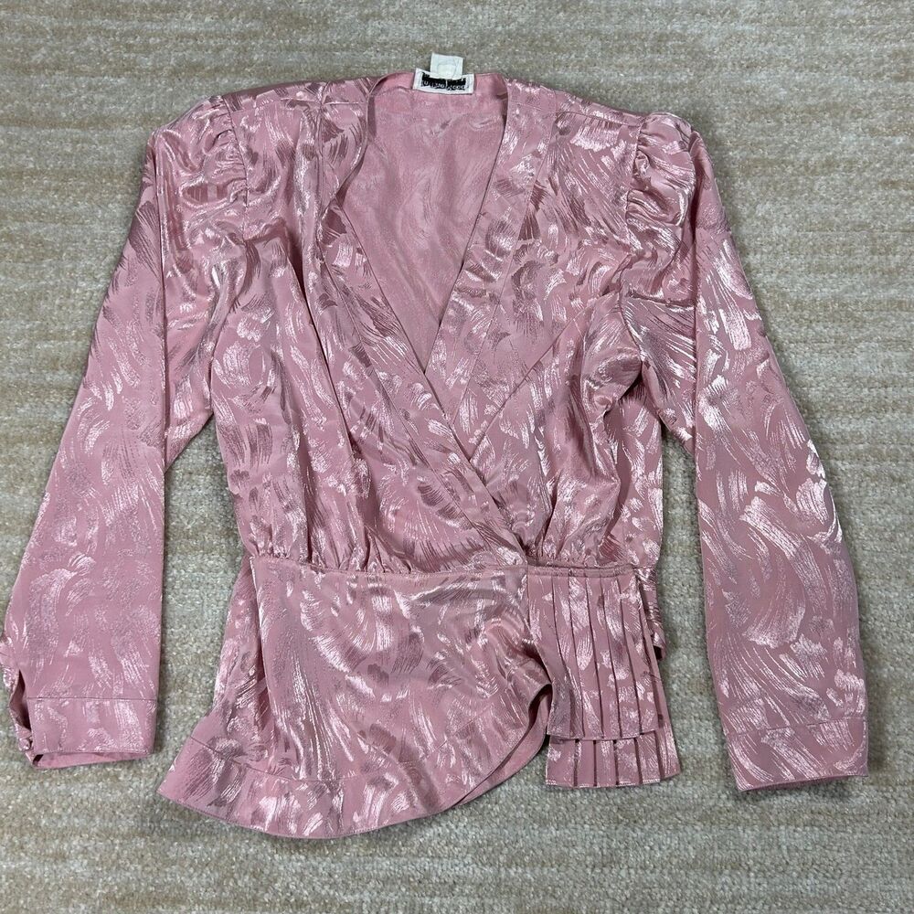 In The Mood Blouse Womens 10 Pink Metallic Wrap Peplum Pleated Long Sleeve